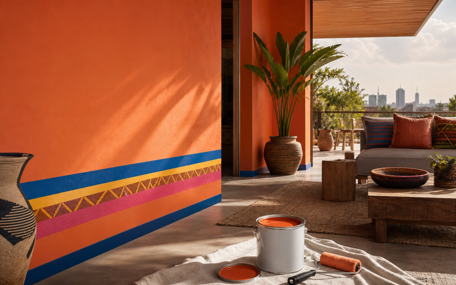 A contemporary interior painted in warm Mara orange